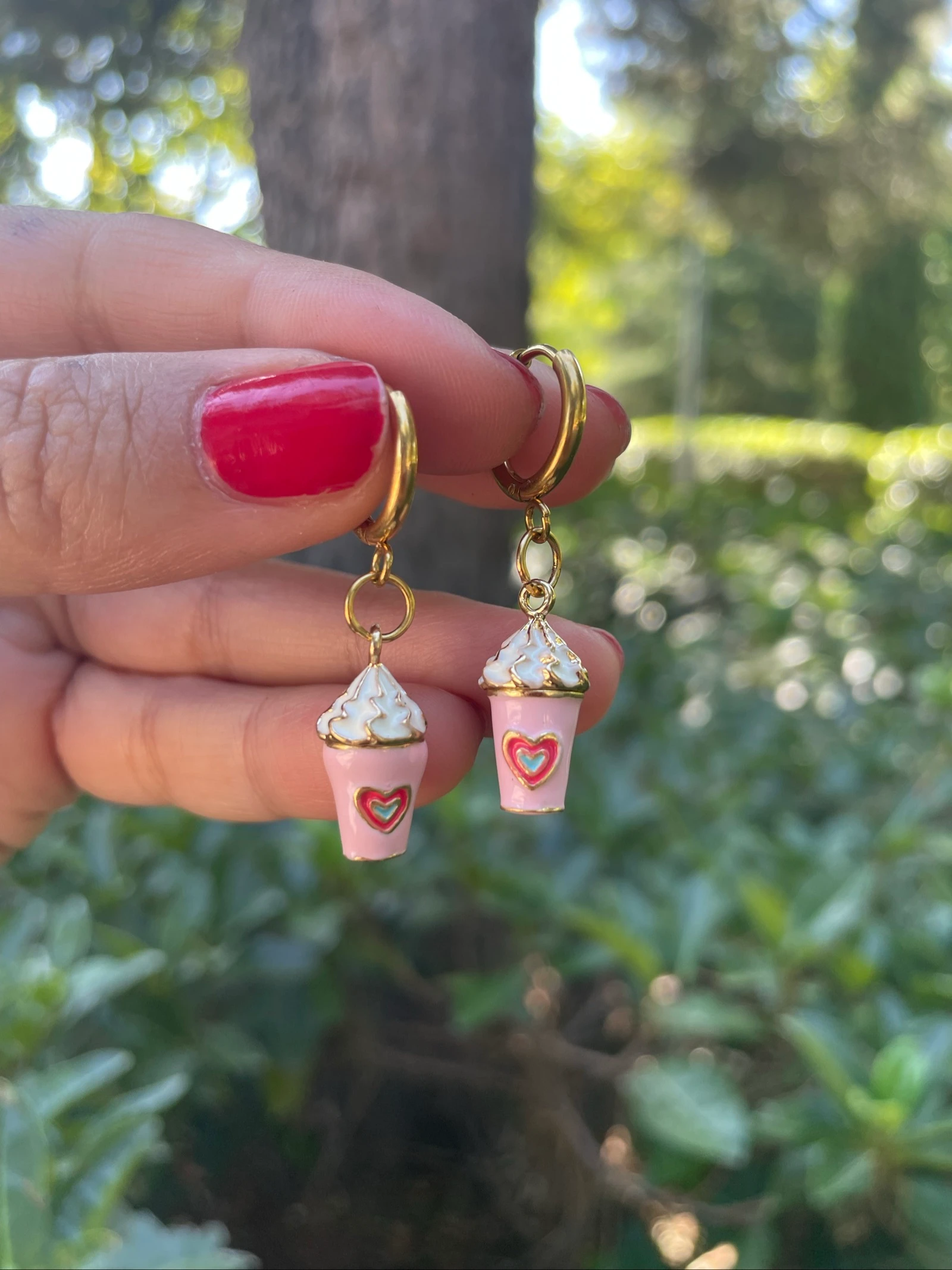 Handmade Stainless Steel Pink Coffee Cup Hoop Earrings Kawaii